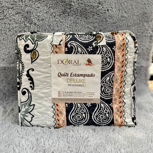 Quilt Estampado Deluxe 2.0 plazas, Reversible, Doral.- Negro franja salmon