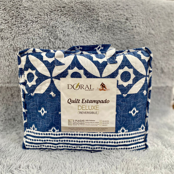 Quilt Estampado Deluxe 2.0 plazas, Reversible, Doral.- Azul blanco