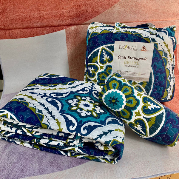 Quilt Estampado Deluxe 2.0 plazas, Reversible, Doral.- Mandala verde