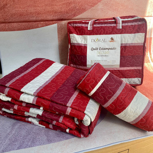Quilt Estampado Deluxe 2.0 plazas, Reversible, Doral.-  Rojo blanco
