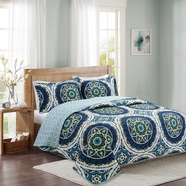 Quilt Estampado Deluxe 2.0 plazas, Reversible, Doral.- Mandala verde
