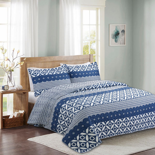 Quilt Estampado Deluxe 2.0 plazas, Reversible, Doral.- Azul blanco