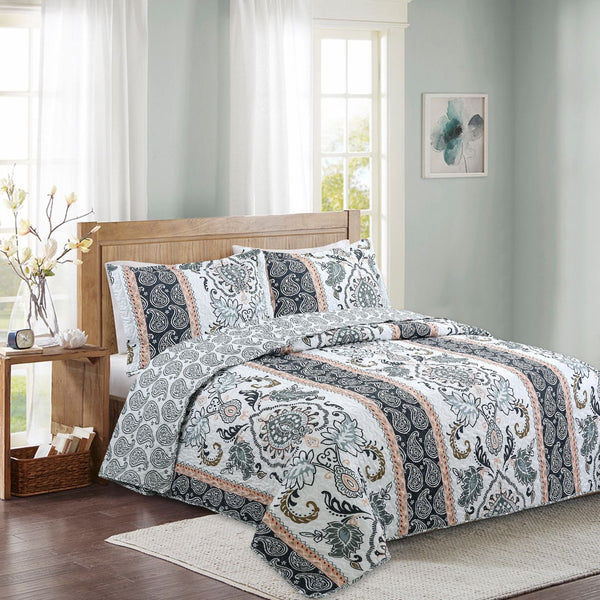 Quilt Estampado Deluxe 2.0 plazas, Reversible, Doral.- Negro franja salmon